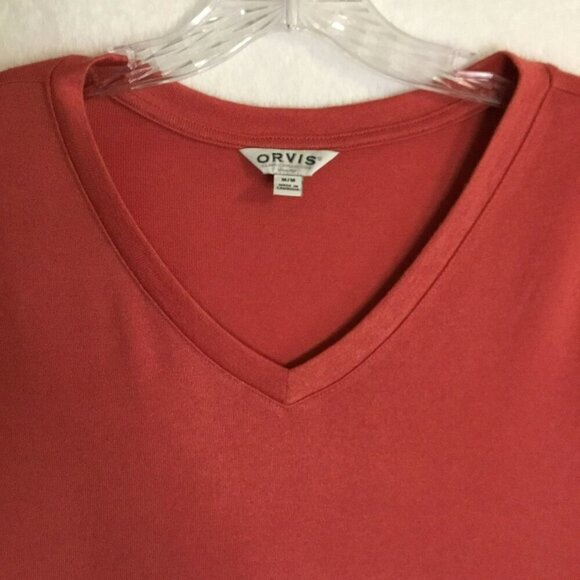 Orvis Knit Top Women's Sz Medium Cap Sleeve Relaxed V-Neck Rust Orange Hem Slits - Picture 2 of 13